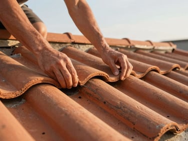 Hands placing a new terracotta roof tile into position on a sunny rooftop, adjacent tiles visible in sharp detail, golden afternoon light