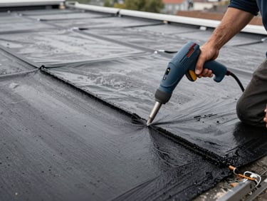 Roofer smoothing down a bitumen membrane sheet on a flat roof section, heat gun in hand, detail of overlapping seam visible, daylight