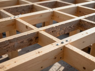 Close-up of roof truss reinforcement work, new timber beams bolted alongside old ones, construction site in natural daylight