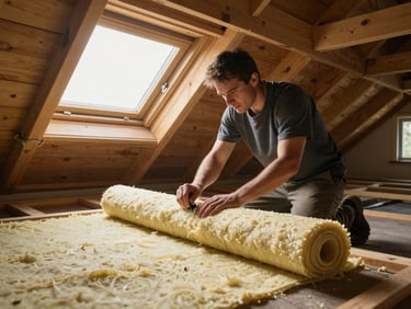 Worker stapling mineral wool insulation rolls between roof joists in an attic space, daylight streaming through a small gable window