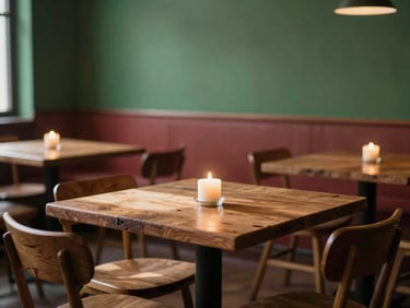 Cozy Scandinavian style restaurant dining room, warm candle light, rustic wooden tables, soft natural shadows, 35mm photography