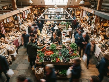 Overhead shot of a bustling indoor food market, warm ambient lighting, rich organic textures of fresh produce and artisanal goods, shallow depth of field, 35mm.