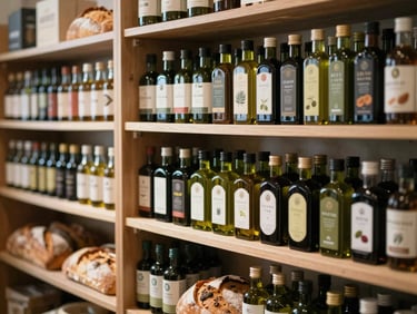 Curated boutique grocery shelves with artisanal olive oils and fresh bread, soft natural daylight, scandinavian editorial style, 35mm photography