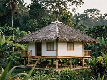 A quiet bamboo villa nestled in the lush green jungles of Ubud, soft morning daylight, 35mm lens