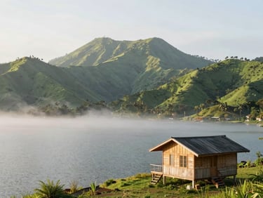 A serene lakeside wooden cabin overlooking a misty Lake Toba, lush green hills, soft diffused daylight