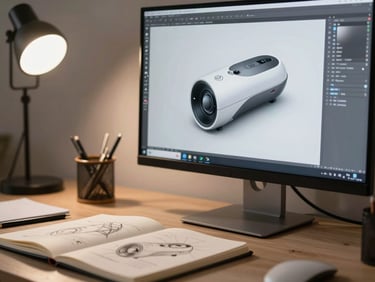 Close-up of a well-organized design workspace: a large monitor showing a 3D product render in progress, a physical sketchbook with precise line drawings open beside a stylus, clean studio ambient light from the left, shallow depth of field, neutral warm tones