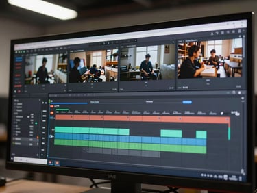 Editing workspace detail — a timeline with video clips laid out in precise sequence on a dark monitor, color grading panels visible, organized and methodical, no person visible, clean studio overhead light
