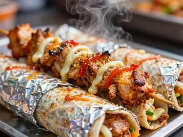 Close-up of a foil-wrapped chicken tikka kati roll, steam rising, harsh market lighting, saturated colors.