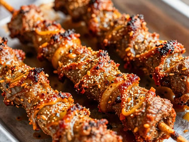Macro shot of a spicy seekh kebab roll, showing texture of meat and sauce, under harsh light.