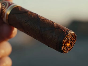 Macro close-up of a thick, dark maduro cigar wrapper with a gold embossed band, glowing orange ember, dramatic chiaroscuro lighting, 35mm