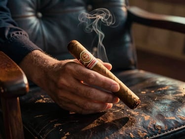 A hand-rolled cigar resting on a weathered dark leather captain's chair, warm amber lamplight cutting through gentle smoke, cinematic editorial, 35mm