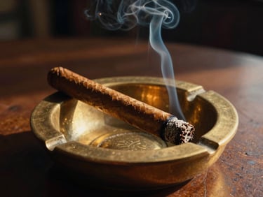 A single cigar burning slowly in a heavy brass ashtray, a thin ribbon of blue smoke rising in warm amber lamplight