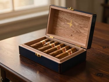 An open luxury wooden cigar box showing pristine cigars with gold leaf details, resting on a dark mahogany table under soft spotlight, 35mm