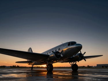 Low-angle dramatic silhouette of a vintage DC-3 aircraft on a wet runway at sunset, warm golden-hour light reflecting off aluminum wings, deep navy sky.