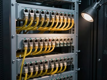 Close-up of a structured cabling network rack with patch panels and organized cat6 cable runs, cable ties evenly spaced, shot under task lamp in a server room with ambient dark background