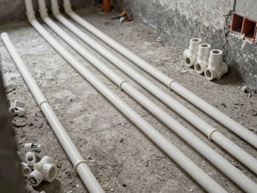 Overhead study of plumbing rough-in work on a concrete floor—PVC and HDPE pipes laid out in organized parallel runs, fittings stacked nearby on site under overcast daylight