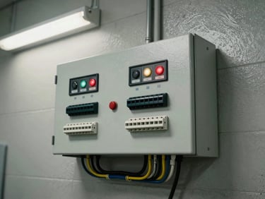 Tight framing of a fire alarm control panel with indicator lights and terminal blocks visible, mounted on a painted concrete wall under fluorescent task lighting, wiring neatly dressed into cable channels