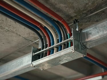 Close-up of electrical conduit runs and cable trays mounted to a concrete ceiling under industrial ambient light, organized wire bundles entering a steel junction box, workmanship detail visible