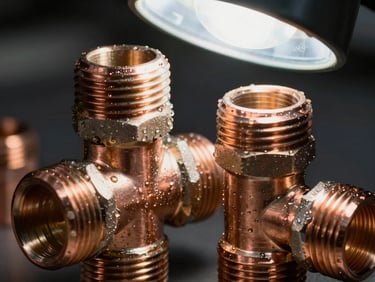 Extreme close-up of copper pipe fittings and threaded mechanical joints under task lamp light, water droplets visible on metal surface, tight framing showing solder detail and fitting integrity