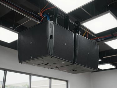 Wide shot of ceiling-mounted speaker array in a commercial space under construction, cable runs visible above suspended ceiling grid, overcast daylight from open ceiling panels above