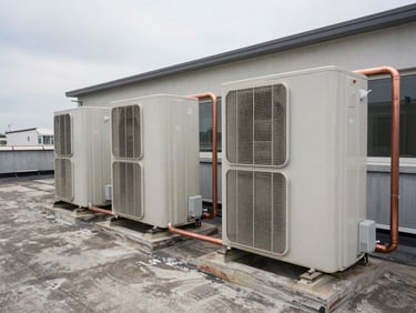 Environmental shot of rooftop commercial HVAC condensing units installed in a row on a concrete equipment pad, copper refrigerant lines running neatly into the building structure, overcast daylight