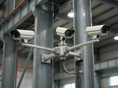 Environmental wide shot of CCTV cameras mounted on steel structural columns inside an industrial warehouse, cable conduits running neatly to a junction point, shot under high-bay task lighting