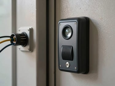Close-up of an access control reader and electric strike installed on a steel door frame, wiring entering a surface-mounted conduit, task-lit close-up showing termination detail