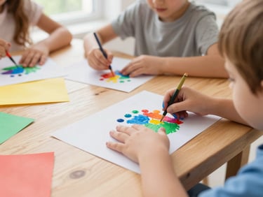 Candid close-up of small children hands covered in colorful paint creating paper crafts on a bright wooden table.