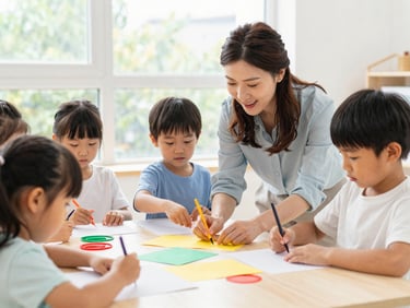 Candid shot of a teacher guiding toddlers during a hands-on craft activity