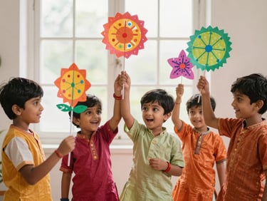 Toddlers in traditional Indian attire celebrating a festival with colorful paper crafts