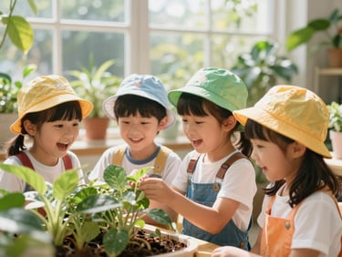Excited preschoolers wearing matching hats looking at plants in a sunny botanical garden