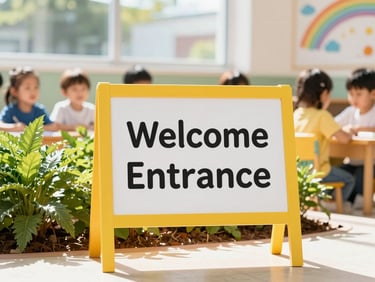 Vibrant preschool entrance with a friendly welcome sign and green plants under bright daylight