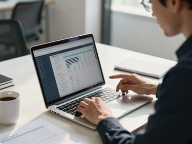 Medium environmental shot of a consultant at a small business desk reviewing network monitoring logs on a laptop screen in bright daylight, coffee mug and documentation visible nearby