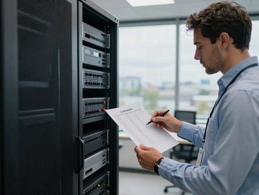 Wide shot of a small server rack in a daylit office closet, a consultant reviewing a printed checklist beside it, overcast natural light from a nearby window