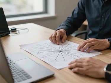 Wide environmental shot of a consultant's desk in a small office, hands resting on a printed network diagram spread across the table, natural north-facing window light, cables and a laptop visible at the edge of frame, no people facing camera
