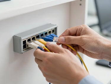 Close-up of hands routing ethernet cables through a small wall-mounted patch panel in a bright office, natural daylight, tidy cable management visible