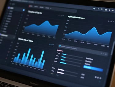 Macro shot of a dark-mode dashboard with crisp typography, glowing blue charts, and clean system architecture visualization, high-end developer tool aesthetic.