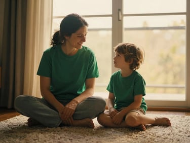 A parent and child sitting quietly together on a soft rug, warm golden-hour light from a nearby window, gentle and authentic, 35mm.