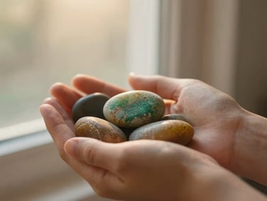 Close-up of hands holding a smooth, warm river stone, soft diffused natural light, tranquil and grounding atmosphere, 35mm.