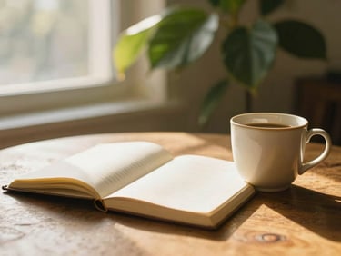 Soft morning light filtering through leaves onto a wooden table with an open journal and a warm ceramic mug, shallow depth of field, 35mm.