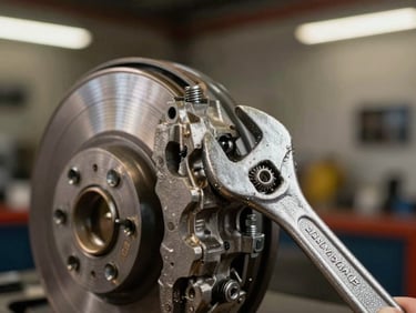 Close-up of a heavy-duty wrench tightening a bolt on a clean brake caliper assembly, warm garage bay work lights, realistic grit.
