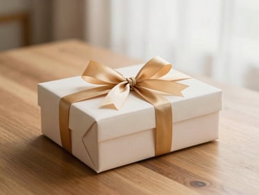 A freshly unboxed luxury gift package with a gold ribbon on a wooden table, warm aesthetic, 35mm