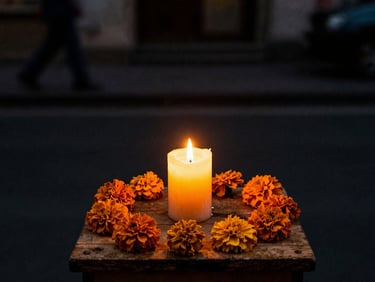 A single beeswax candle illuminating a simple wooden altar with orange marigolds, dark background, warm neon glow