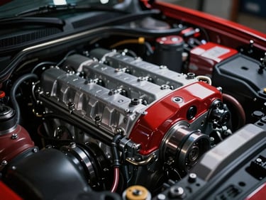 Close-up macro shot of a high-performance engine bay, clean and technical, moody garage lighting with strong directional key lights, 35mm