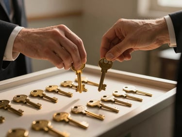 Close-up of hands exchanging heavy brass key tags over a clean, organized secure key podium under warm golden hour lighting.