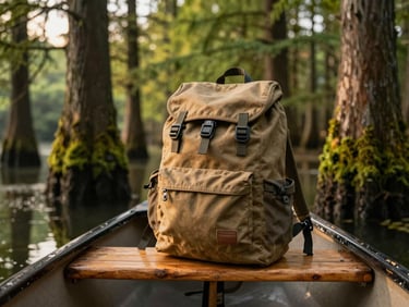 Close-up of a rugged canvas backpack resting on a wooden canoe seat, mossy cypress trees blurred in the background, warm overcast light.