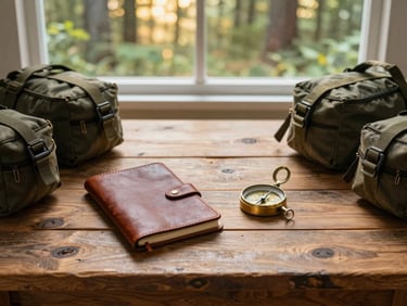 Flat lay of vintage-style brass compass, leather field notebook, and dry bags on a rustic wooden table, soft window light.