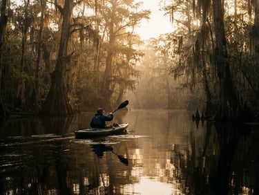 A lone kayaker slicing through a misty blackwater river at dawn, towering cypress trees draped in Spanish moss, warm editorial 35mm photography.