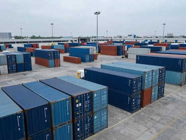 Wide-angle overhead shot of a cargo terminal grid under cool overcast daylight, organized shipping containers stacked precisely, industrial atmosphere.