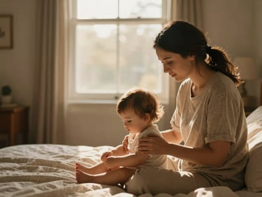 Medium shot of a mother gently tucking in her toddler in a cozy, warm-toned bedroom, soft golden hour light coming through the window, shallow depth of field, 35mm
